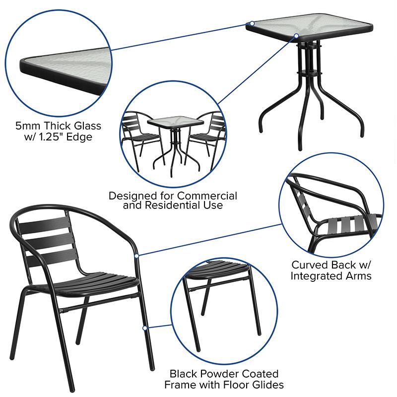 23.5'' Square Glass Metal Table with 2 Black Metal Aluminum Slat Stack Chairs - Flash Furniture