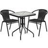 23.5'' Square Glass Metal Table with 2 Black Rattan Stack Chairs - Flash Furniture