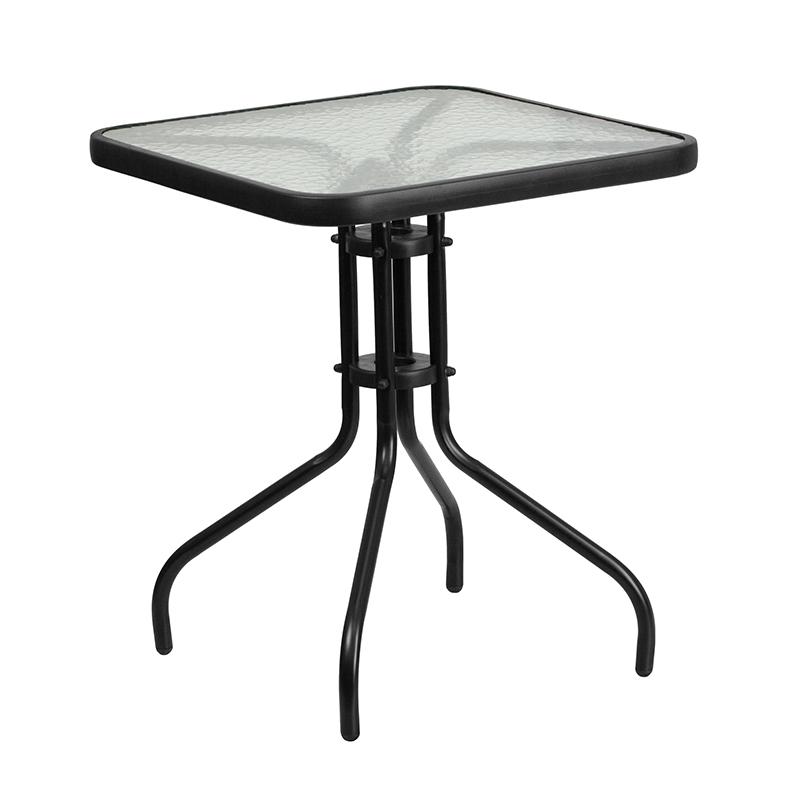 23.5'' Square Glass Metal Table with 2 Black Rattan Stack Chairs - Flash Furniture