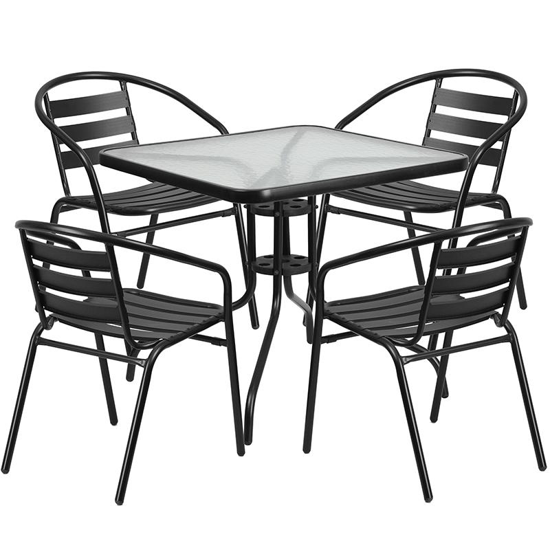 31.5'' Square Glass Metal Table with 4 Black Metal Aluminum Slat Stack Chairs - Flash Furniture
