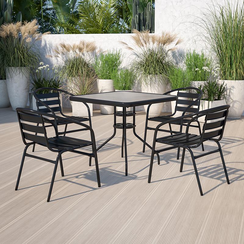 31.5'' Square Glass Metal Table with 4 Black Metal Aluminum Slat Stack Chairs - Flash Furniture
