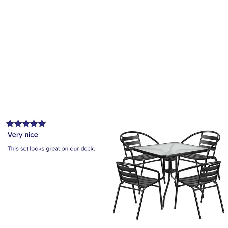 31.5'' Square Glass Metal Table with 4 Black Metal Aluminum Slat Stack Chairs - Flash Furniture