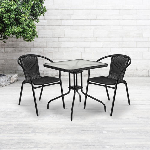 28'' Square Tempered Glass Metal Table with Black Rattan Edging - Flash Furniture