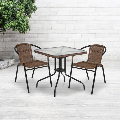 28'' Square Tempered Glass Metal Table with Dark Brown Rattan Edging - Flash Furniture