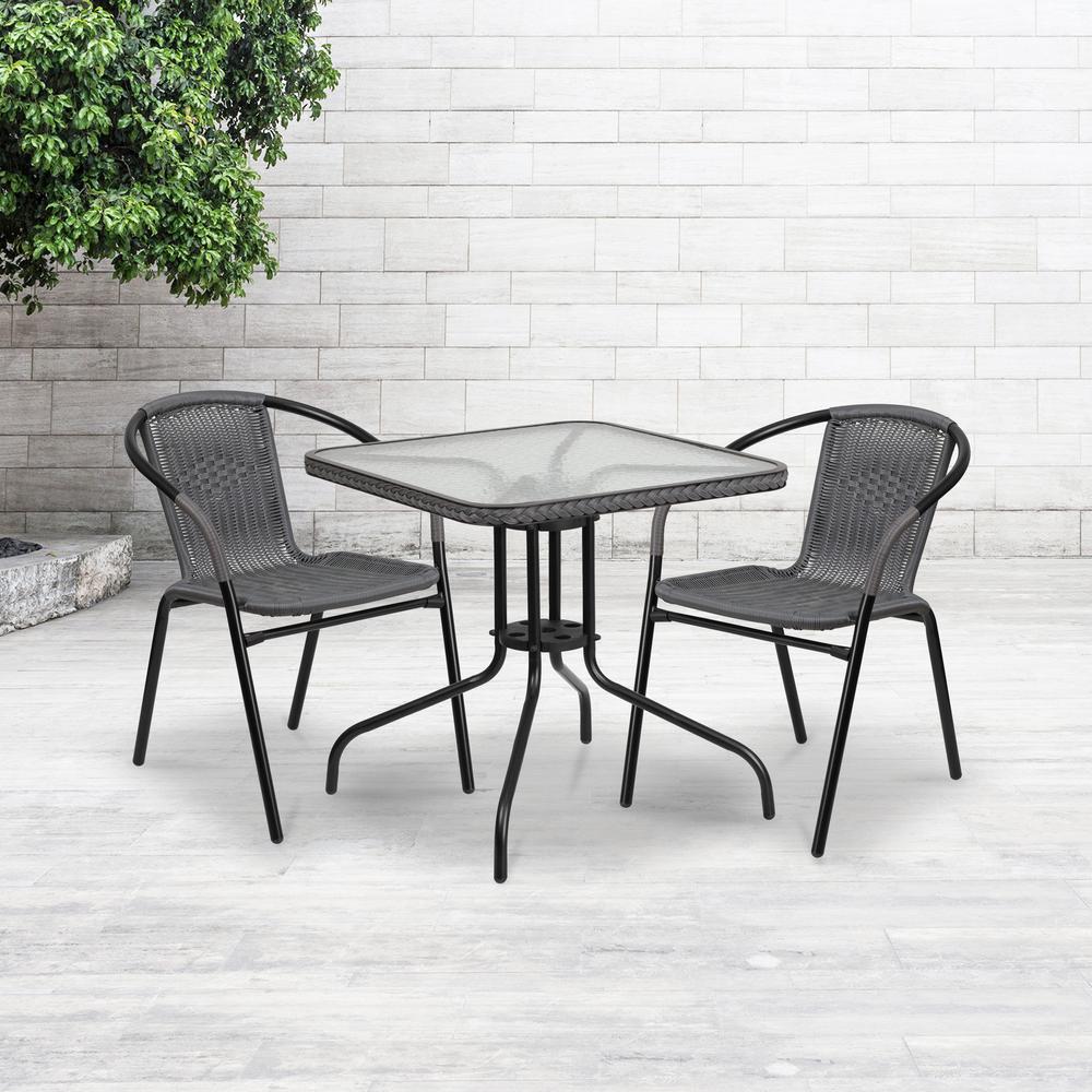 28'' Square Tempered Glass Metal Table with Gray Rattan Edging - Flash Furniture