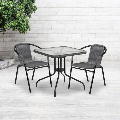 28'' Square Tempered Glass Metal Table with Gray Rattan Edging - Flash Furniture