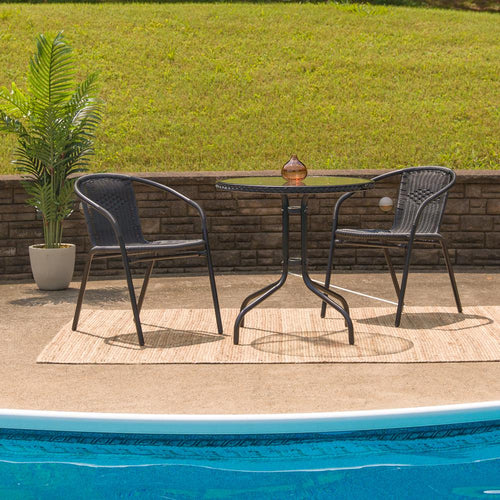 28'' Round Tempered Glass Metal Table with Black Rattan Edging - Flash Furniture