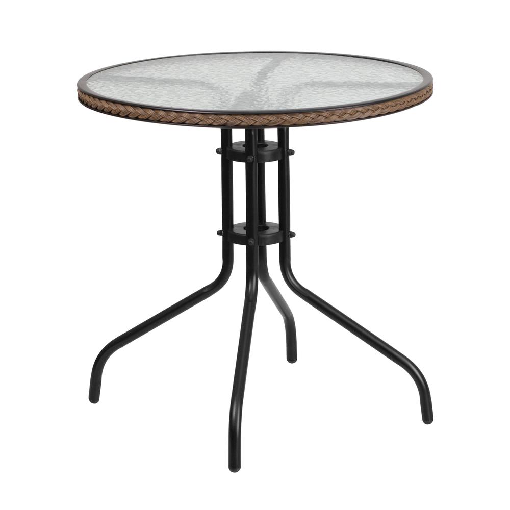 28'' Round Tempered Glass Metal Table with Dark Brown Rattan Edging - Flash Furniture