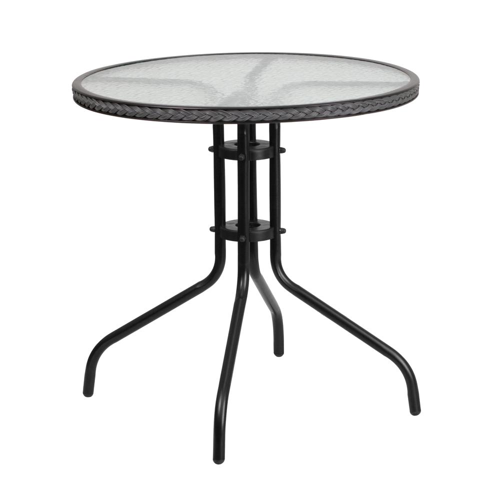 28'' Round Tempered Glass Metal Table with Gray Rattan Edging - Flash Furniture