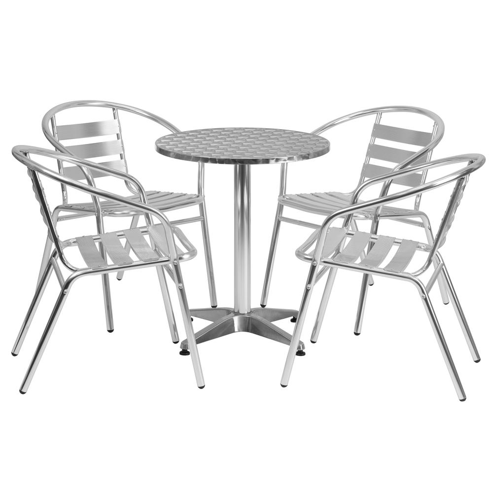 23.5'' Round Aluminum Indoor-Outdoor Table Set with 4 Slat Back Chairs - Flash Furniture