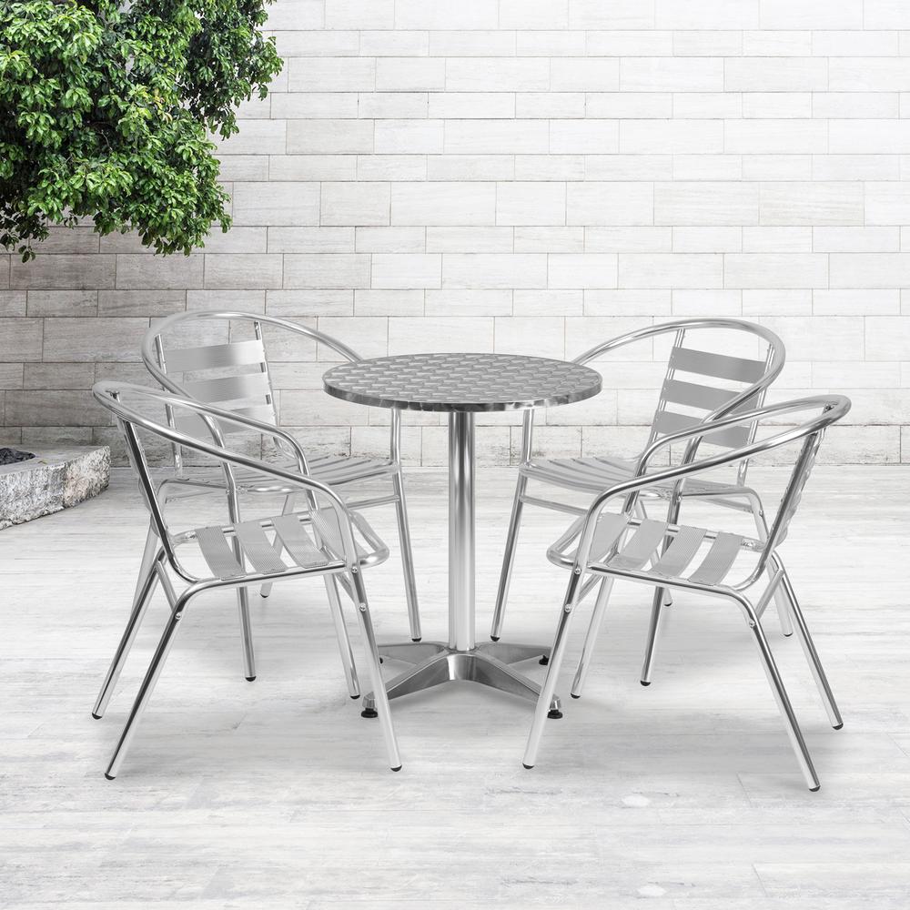 23.5'' Round Aluminum Indoor-Outdoor Table Set with 4 Slat Back Chairs - Flash Furniture