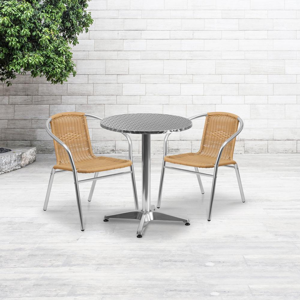 23.5'' Round Aluminum Indoor-Outdoor Table Set with 2 Beige Rattan Chairs - Flash Furniture