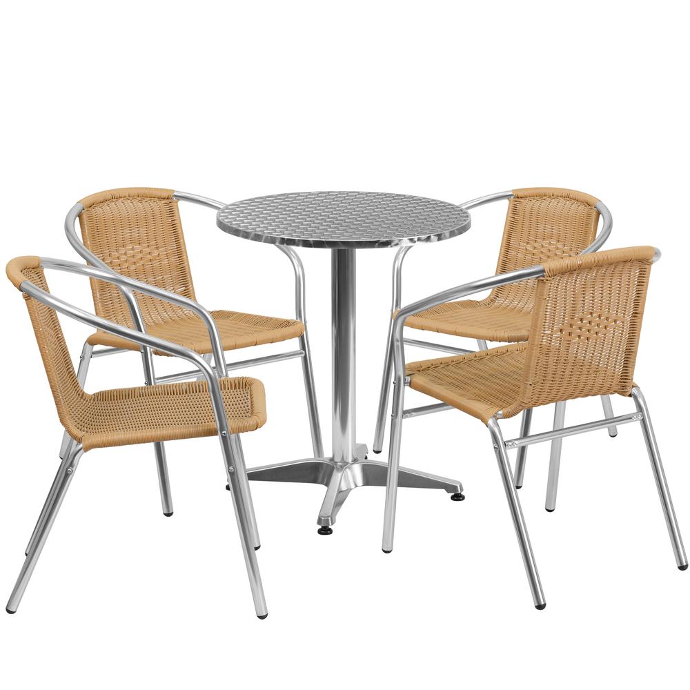 23.5'' Round Aluminum Indoor-Outdoor Table Set with 4 Beige Rattan Chairs - Flash Furniture