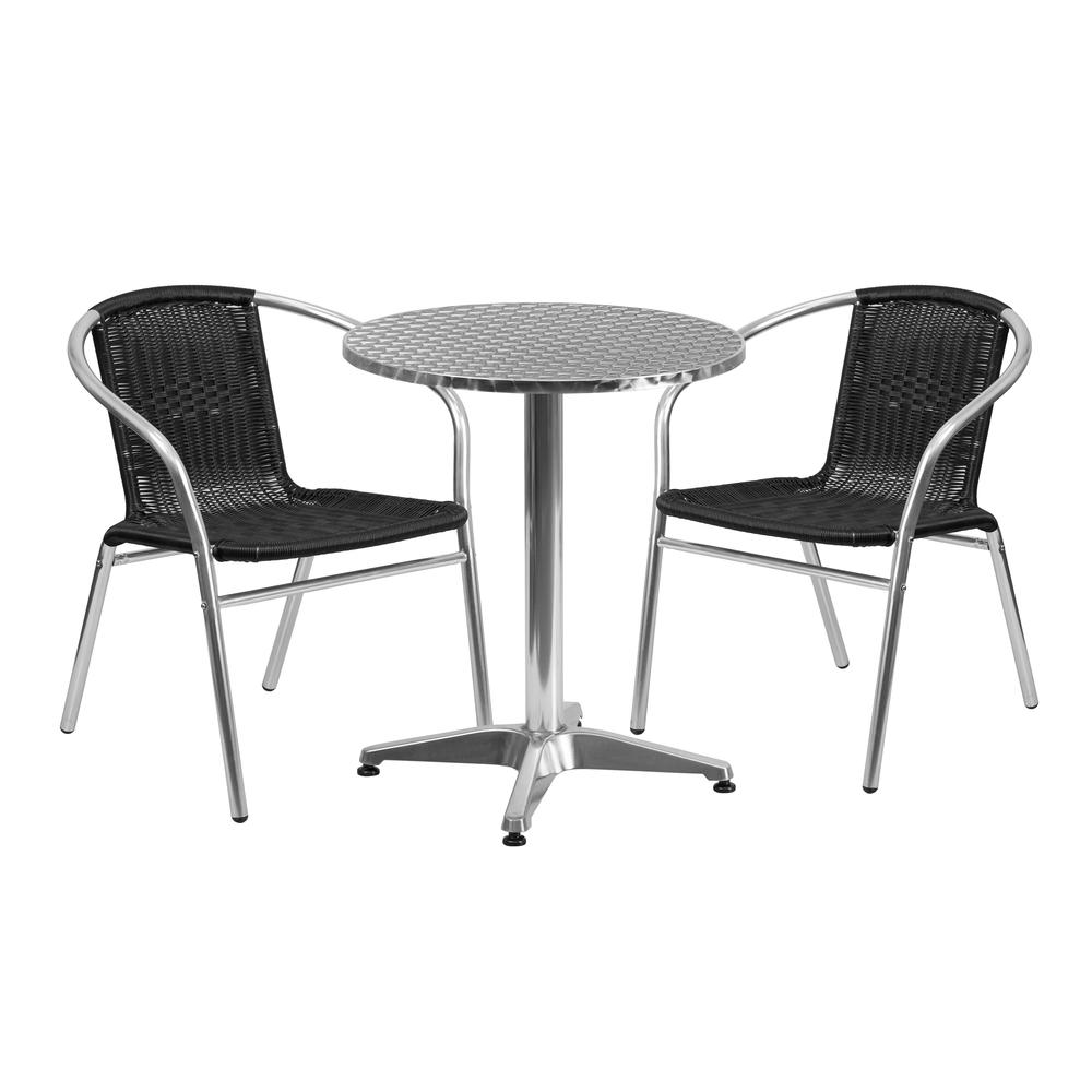 23.5'' Round Aluminum Indoor-Outdoor Table Set with 2 Black Rattan Chairs - Flash Furniture