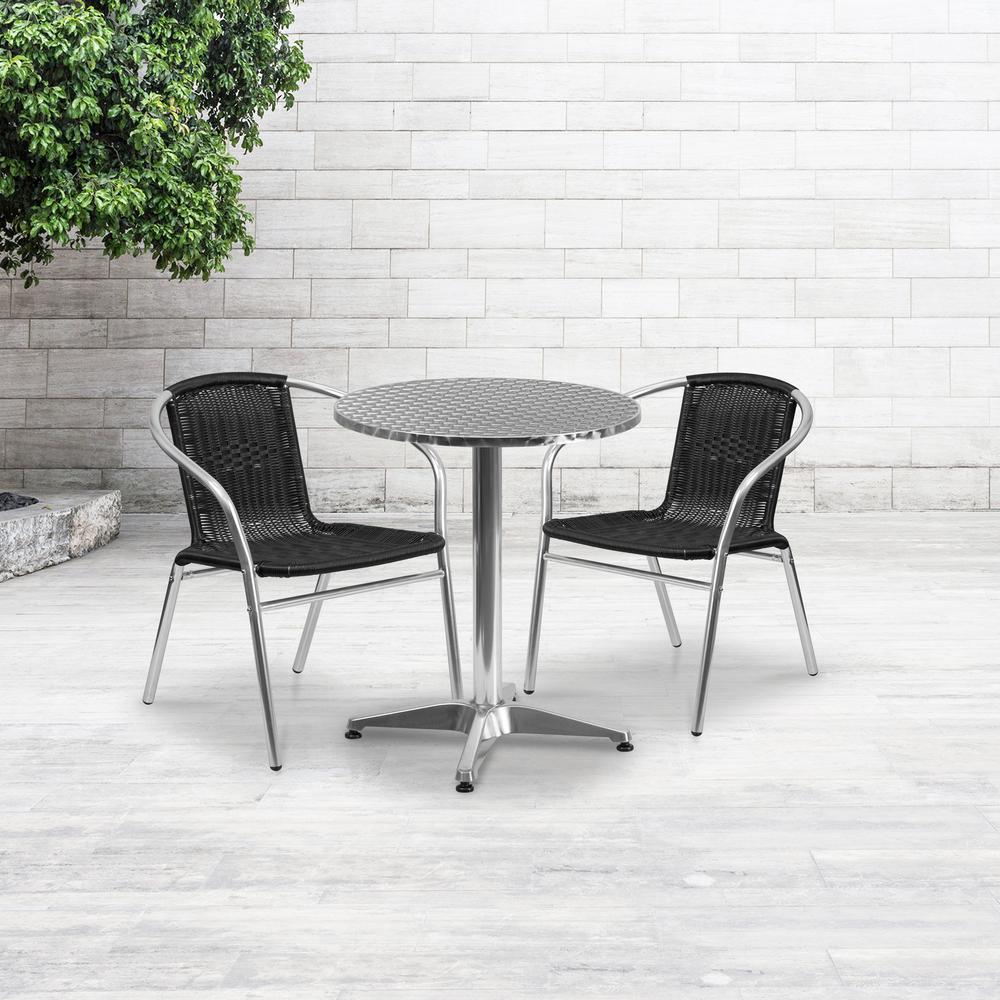 23.5'' Round Aluminum Indoor-Outdoor Table Set with 2 Black Rattan Chairs - Flash Furniture