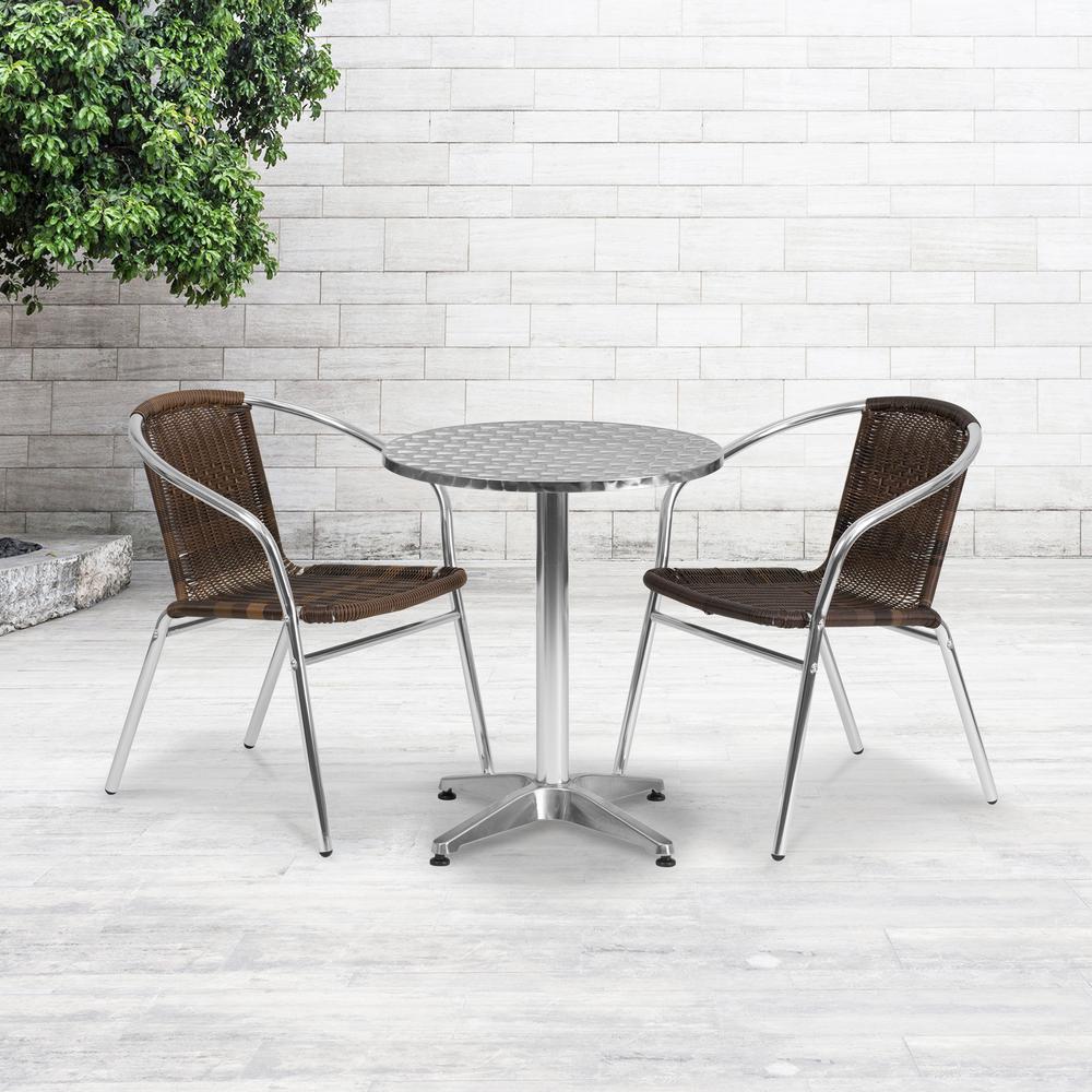 23.5'' Round Aluminum Indoor-Outdoor Table Set with 2 Dark Brown Rattan Chairs - Flash Furniture