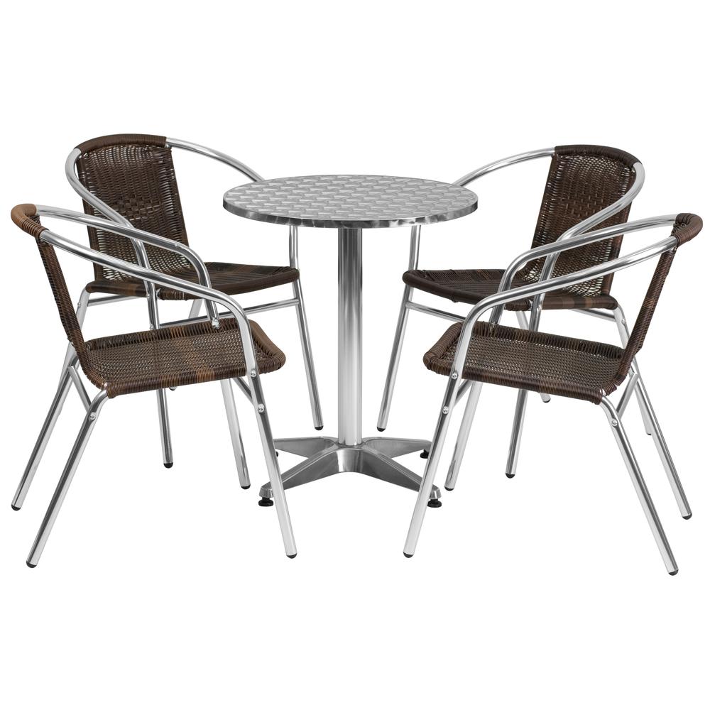 23.5'' Round Aluminum Indoor-Outdoor Table Set with 4 Dark Brown Rattan Chairs - Flash Furniture