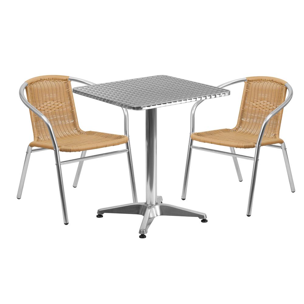 23.5'' Square Aluminum Indoor-Outdoor Table Set with 2 Beige Rattan Chairs - Flash Furniture