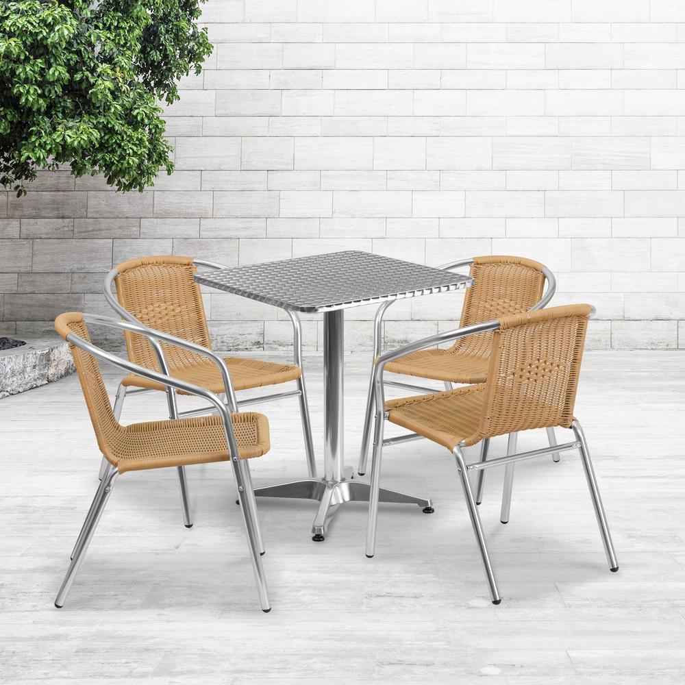 23.5'' Square Aluminum Indoor-Outdoor Table Set with 4 Beige Rattan Chairs - Flash Furniture