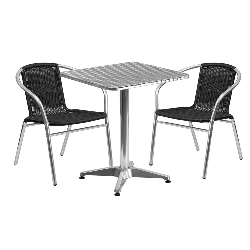 23.5'' Square Aluminum Indoor-Outdoor Table Set with 2 Black Rattan Chairs - Flash Furniture