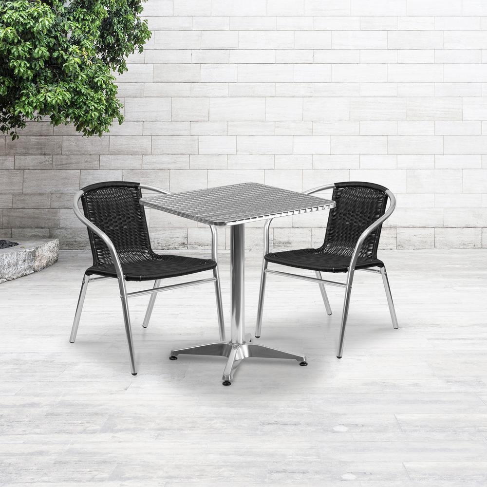 23.5'' Square Aluminum Indoor-Outdoor Table Set with 2 Black Rattan Chairs - Flash Furniture