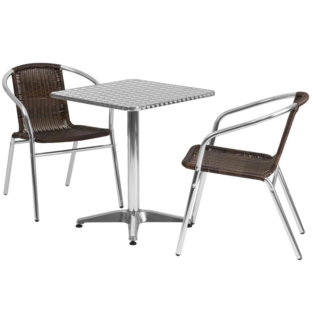 23.5'' Square Aluminum Indoor-Outdoor Table Set with 2 Dark Brown Rattan Chairs - Flash Furniture