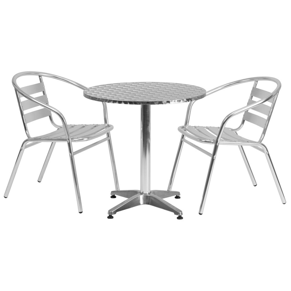 27.5'' Round Aluminum Indoor-Outdoor Table Set with 2 Slat Back Chairs - Flash Furniture