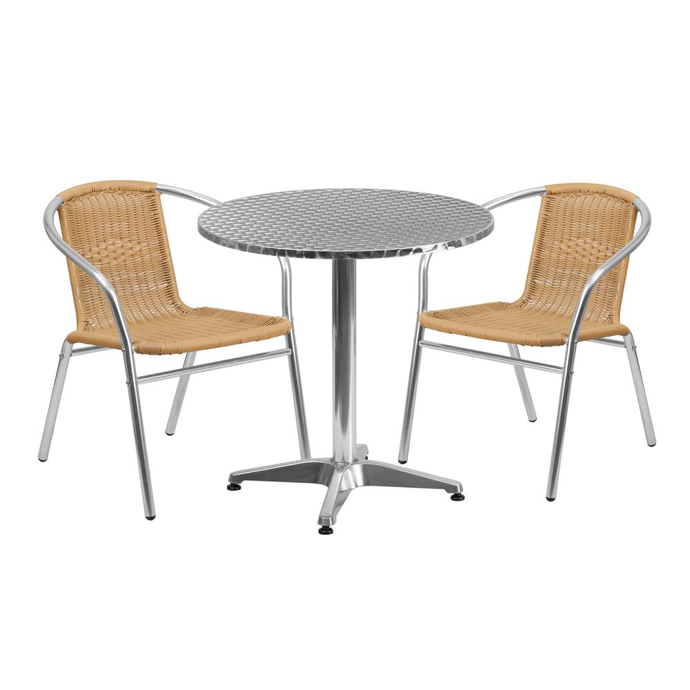 27.5'' Round Aluminum Indoor-Outdoor Table Set with 2 Beige Rattan Chairs - Flash Furniture