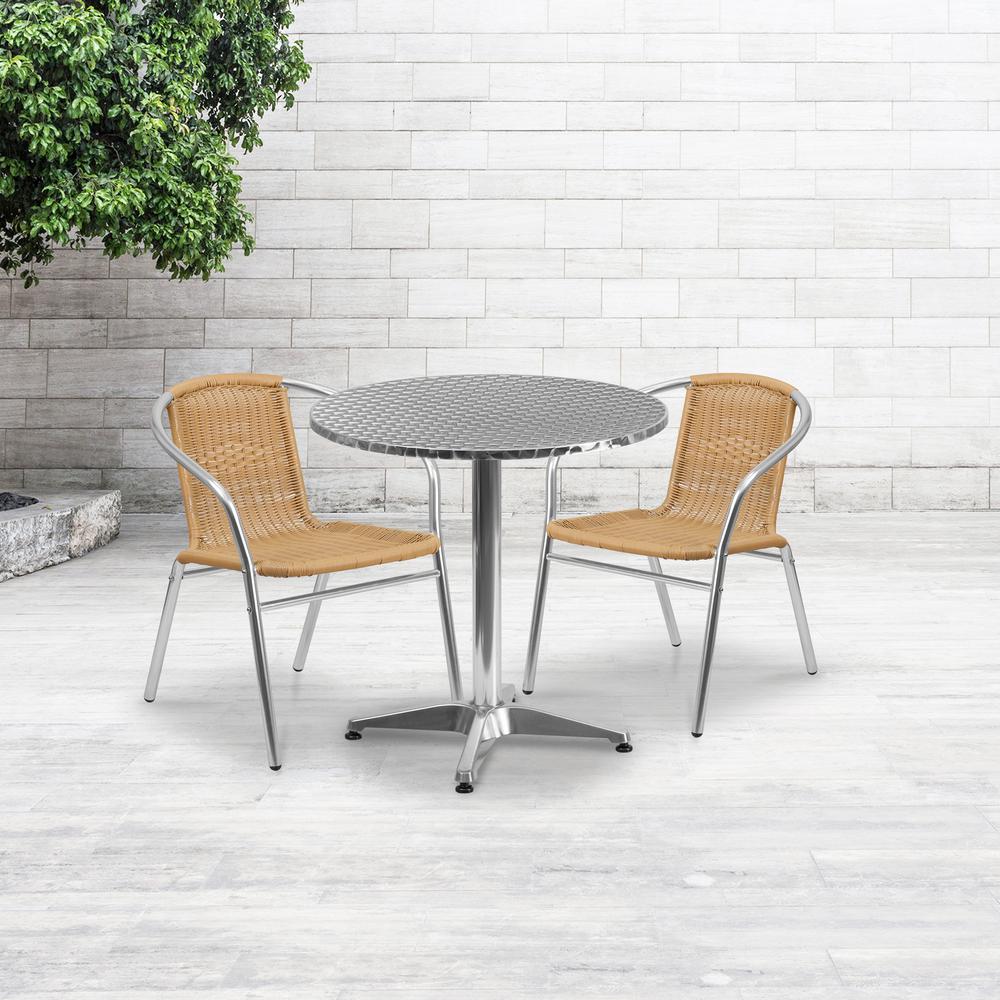 27.5'' Round Aluminum Indoor-Outdoor Table Set with 2 Beige Rattan Chairs - Flash Furniture