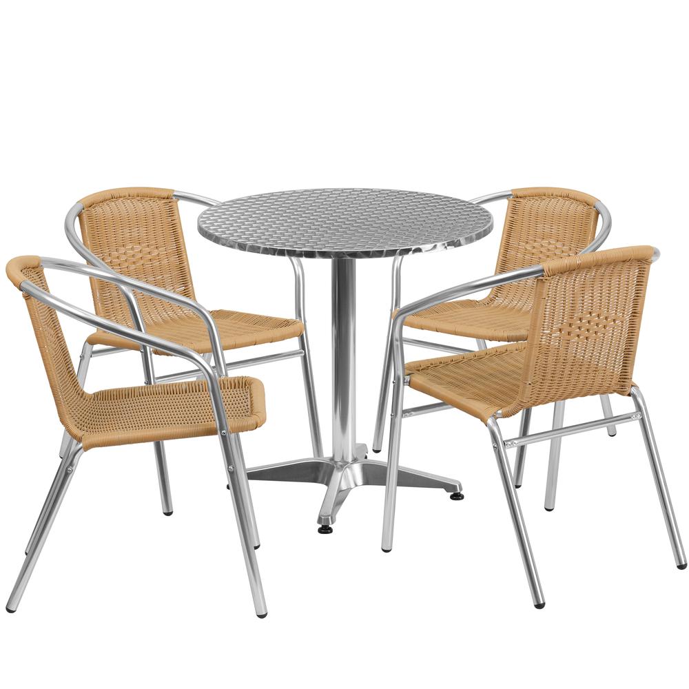 27.5'' Round Aluminum Indoor-Outdoor Table Set with 4 Beige Rattan Chairs - Flash Furniture