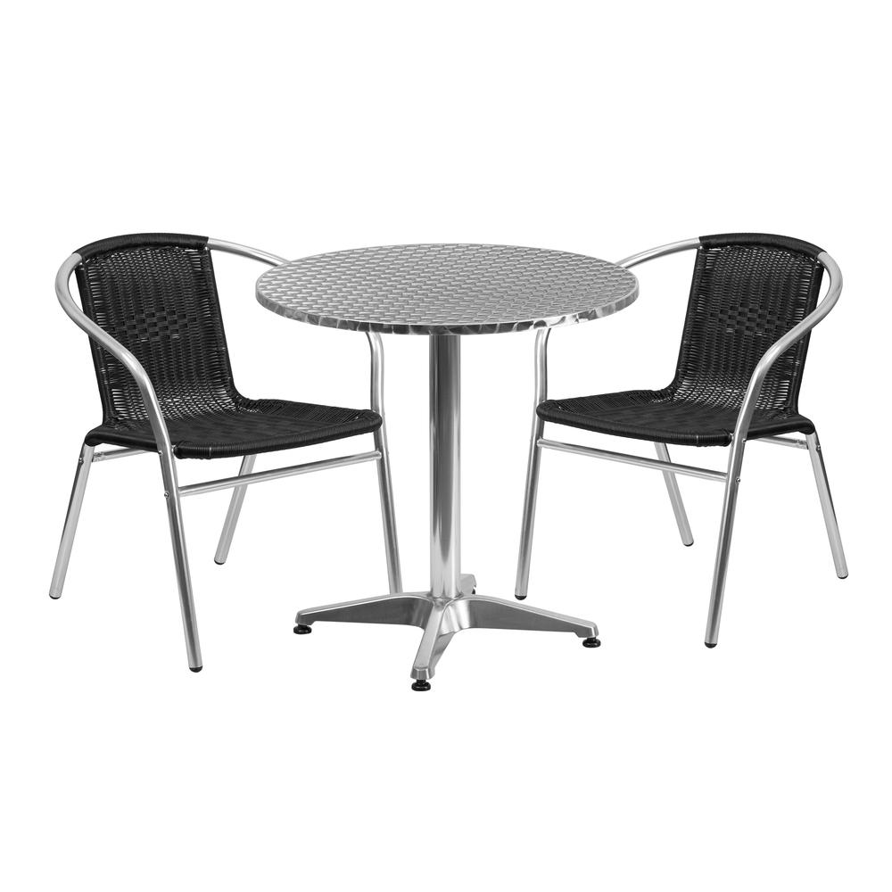 27.5'' Round Aluminum Indoor-Outdoor Table Set with 2 Black Rattan Chairs - Flash Furniture