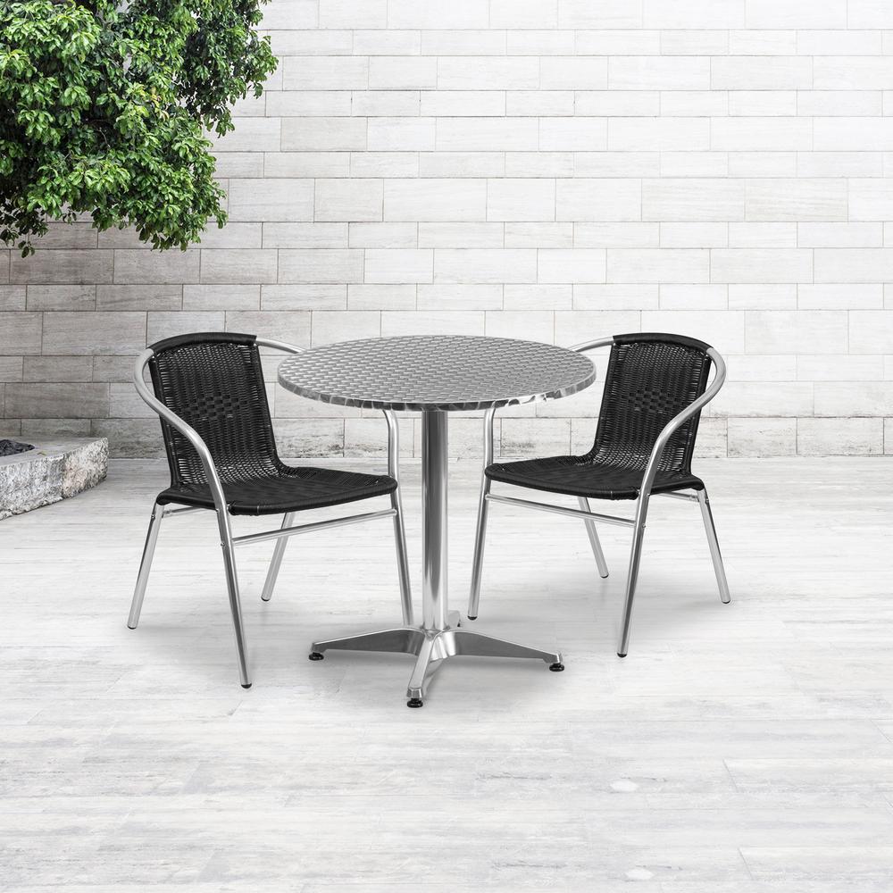 27.5'' Round Aluminum Indoor-Outdoor Table Set with 2 Black Rattan Chairs - Flash Furniture