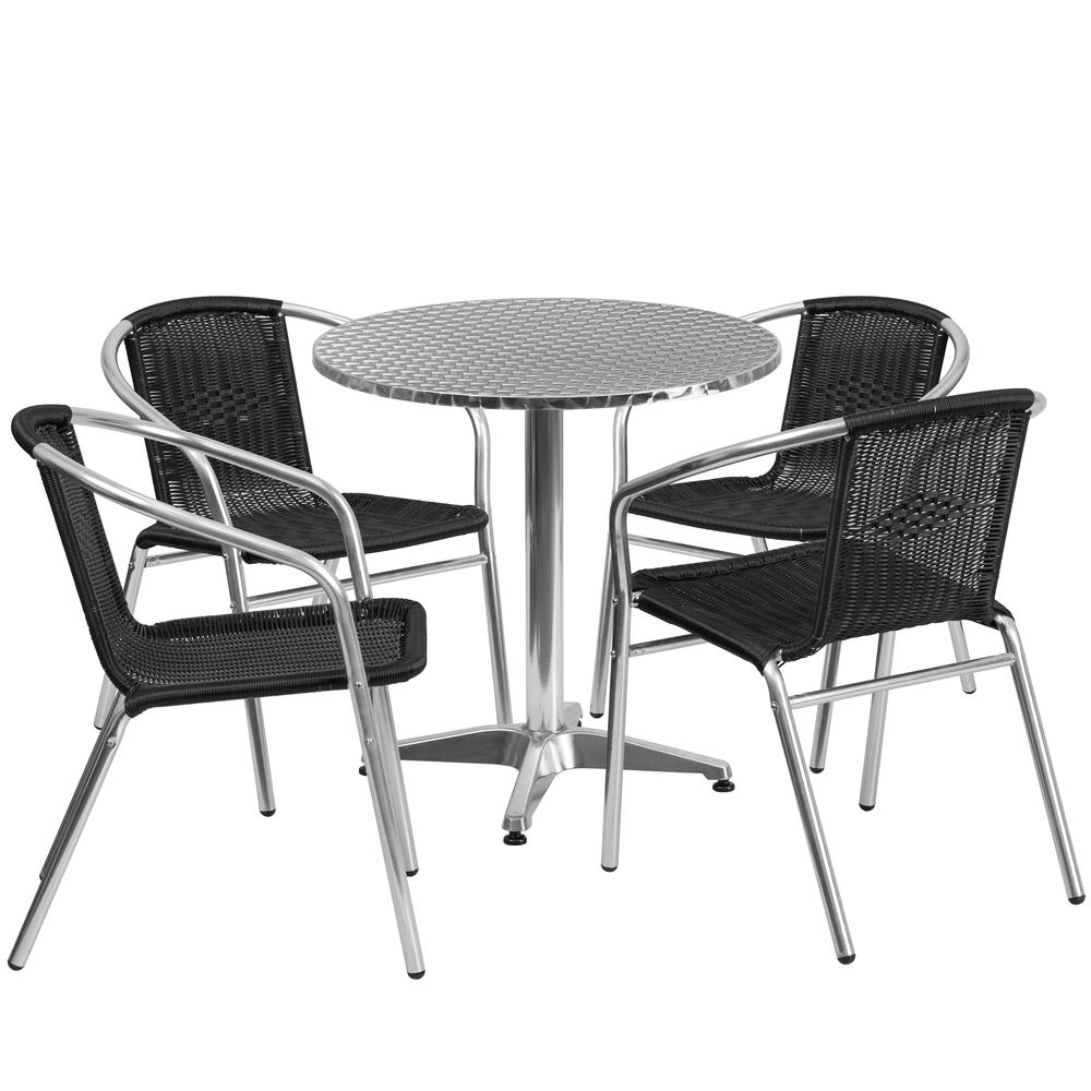 27.5'' Round Aluminum Indoor-Outdoor Table Set with 4 Black Rattan Chairs - Flash Furniture