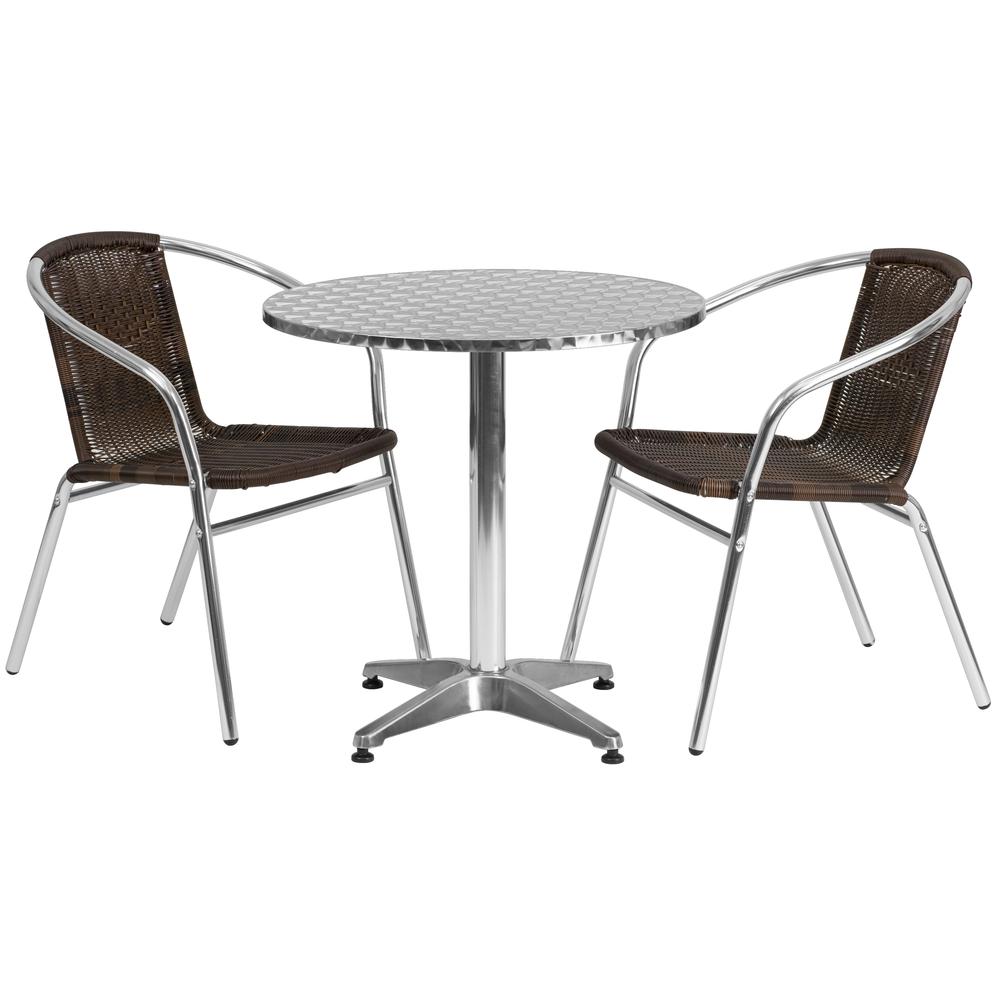 27.5'' Round Aluminum Indoor-Outdoor Table Set with 2 Dark Brown Rattan Chairs - Flash Furniture