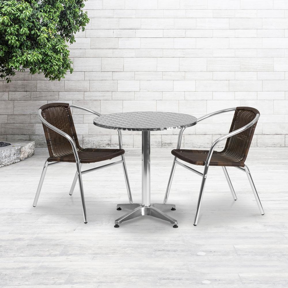 27.5'' Round Aluminum Indoor-Outdoor Table Set with 2 Dark Brown Rattan Chairs - Flash Furniture