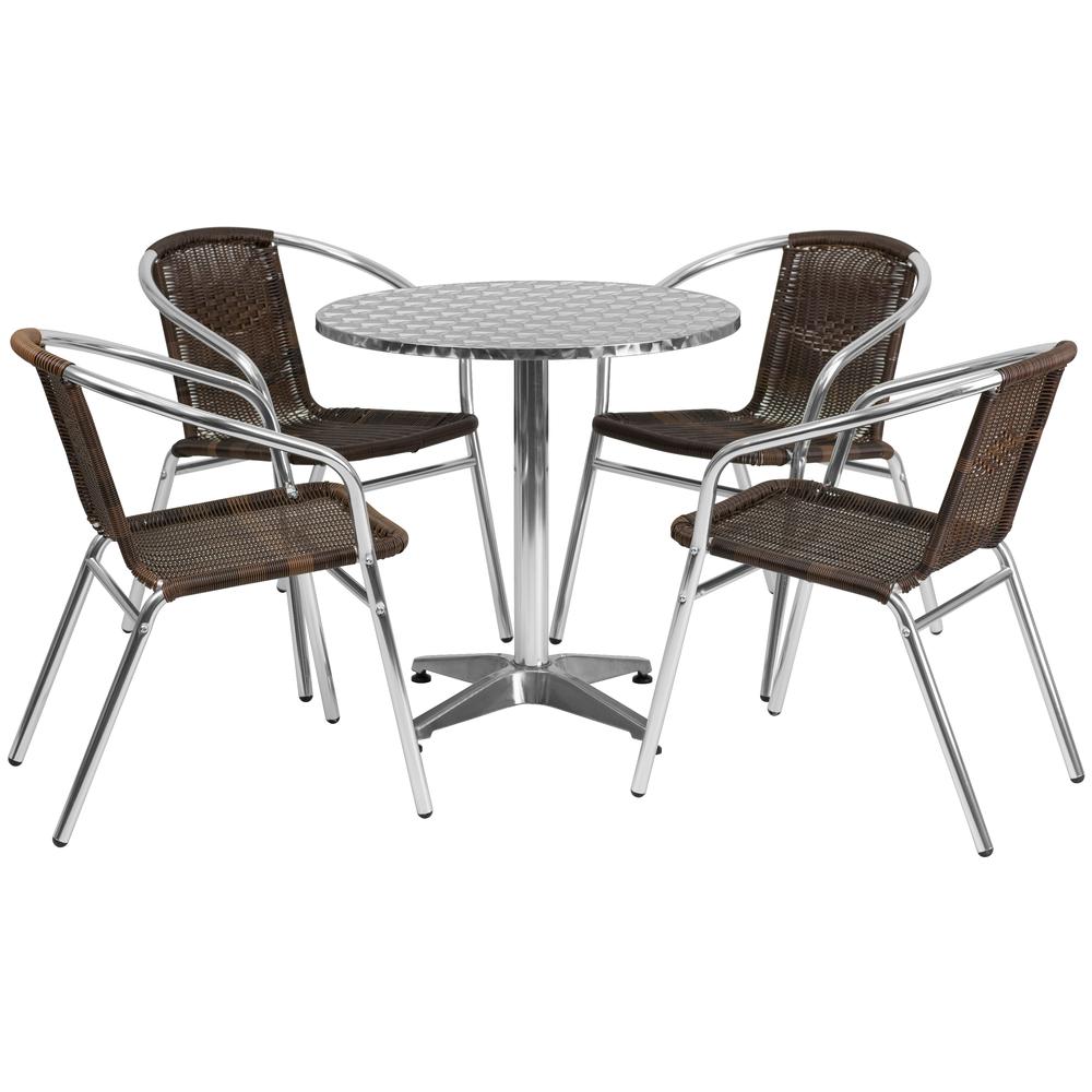 27.5'' Round Aluminum Indoor-Outdoor Table Set with 4 Dark Brown Rattan Chairs - Flash Furniture