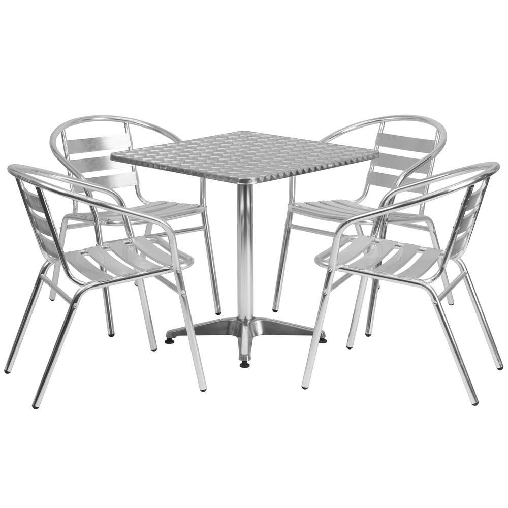 27.5'' Square Aluminum Indoor-Outdoor Table Set with 4 Slat Back Chairs - Flash Furniture