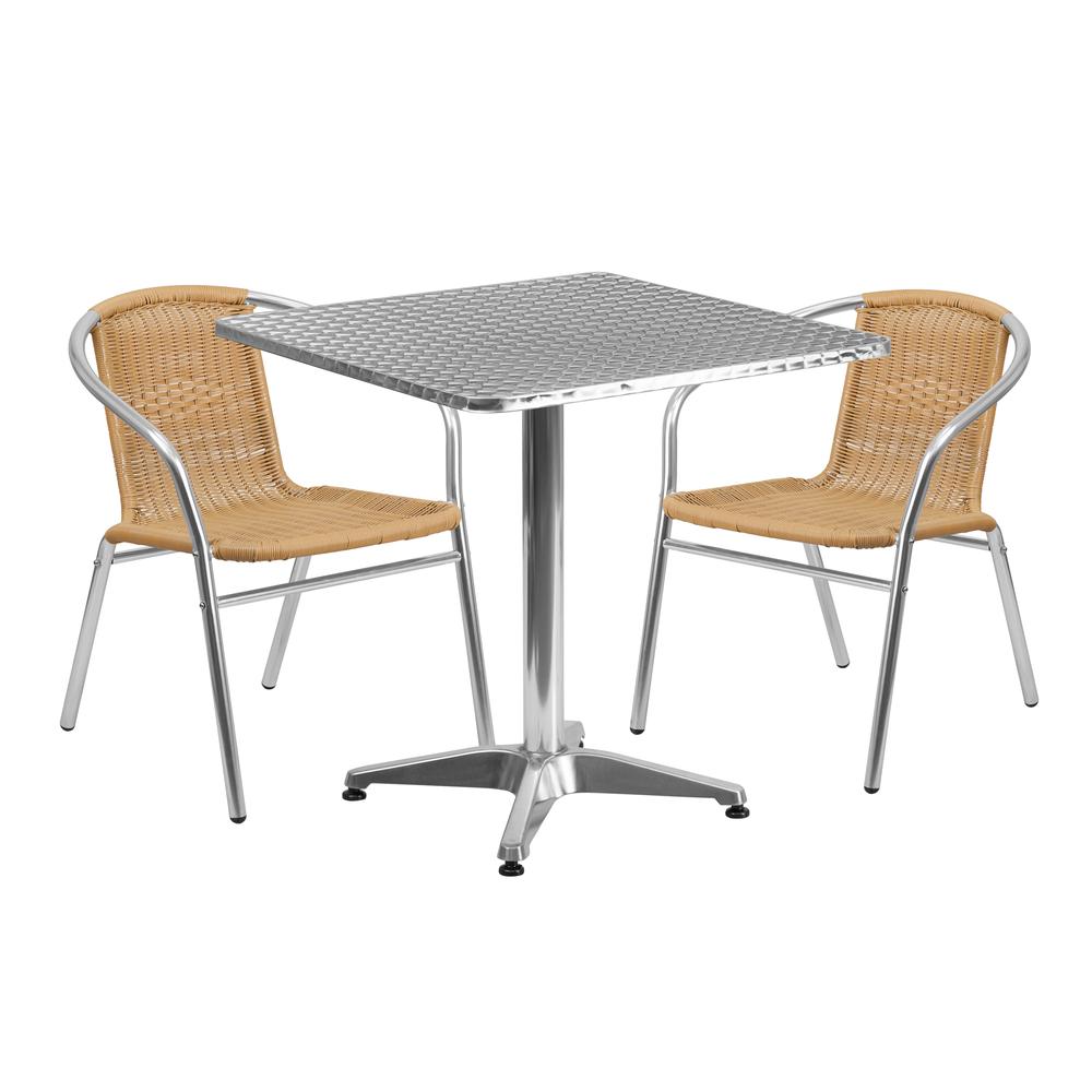 27.5'' Square Aluminum Indoor-Outdoor Table Set with 2 Beige Rattan Chairs - Flash Furniture