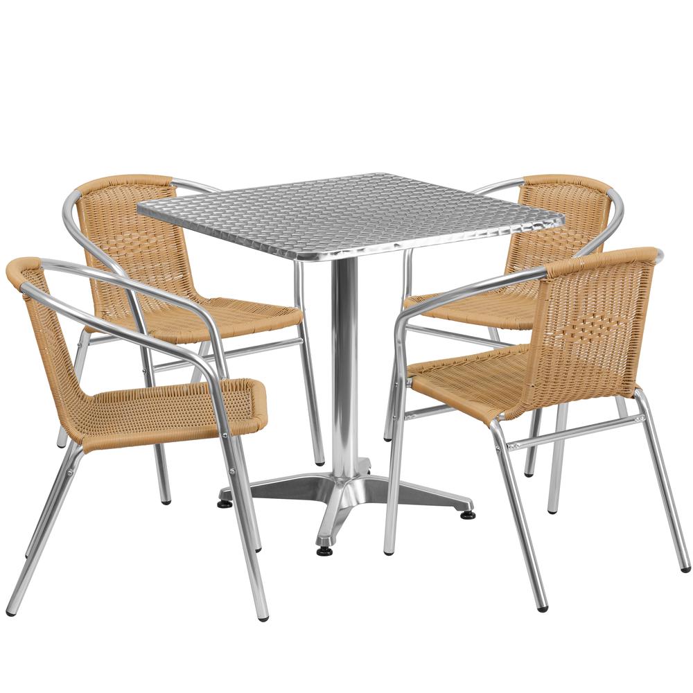 27.5'' Square Aluminum Indoor-Outdoor Table Set with 4 Beige Rattan Chairs - Flash Furniture