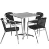 27.5'' Square Aluminum Indoor-Outdoor Table Set with 4 Black Rattan Chairs - Flash Furniture