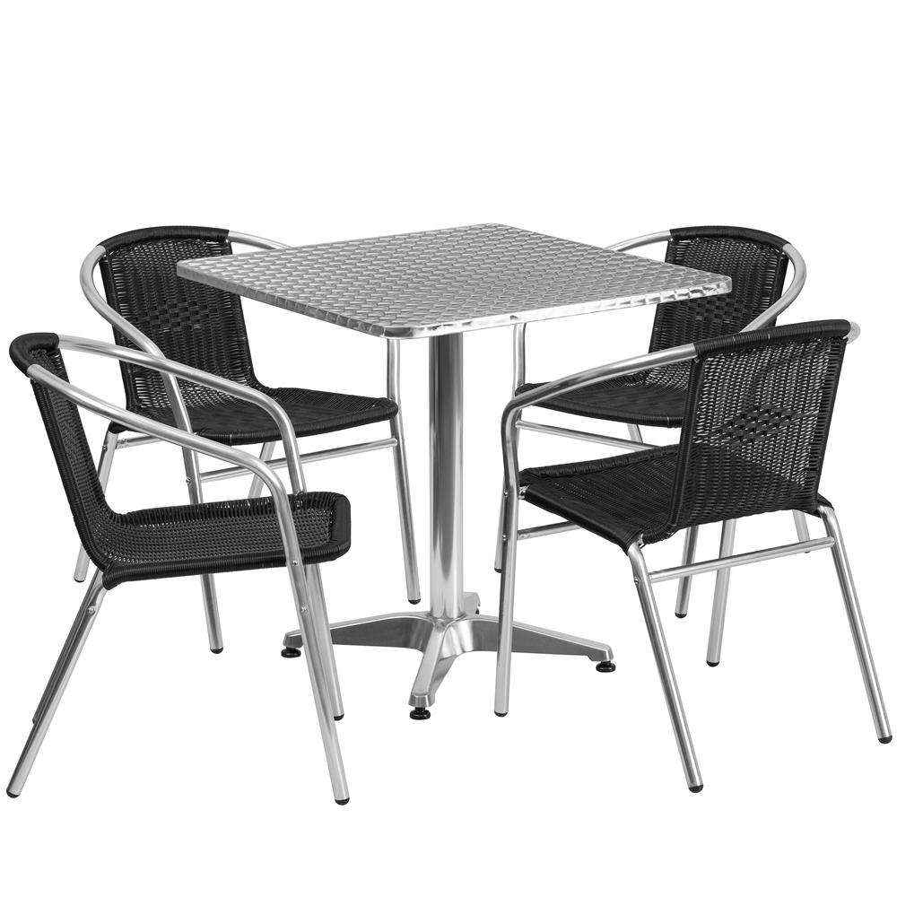 27.5'' Square Aluminum Indoor-Outdoor Table Set with 4 Black Rattan Chairs - Flash Furniture