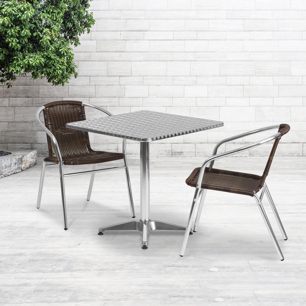 27.5'' Square Aluminum Indoor-Outdoor Table Set with 2 Dark Brown Rattan Chairs - Flash Furniture