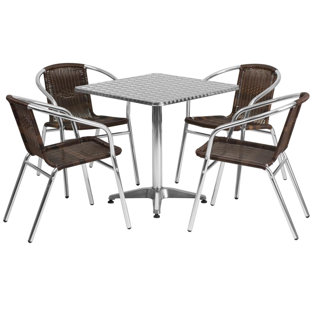 27.5'' Square Aluminum Indoor-Outdoor Table Set with 4 Dark Brown Rattan Chairs - Flash Furniture