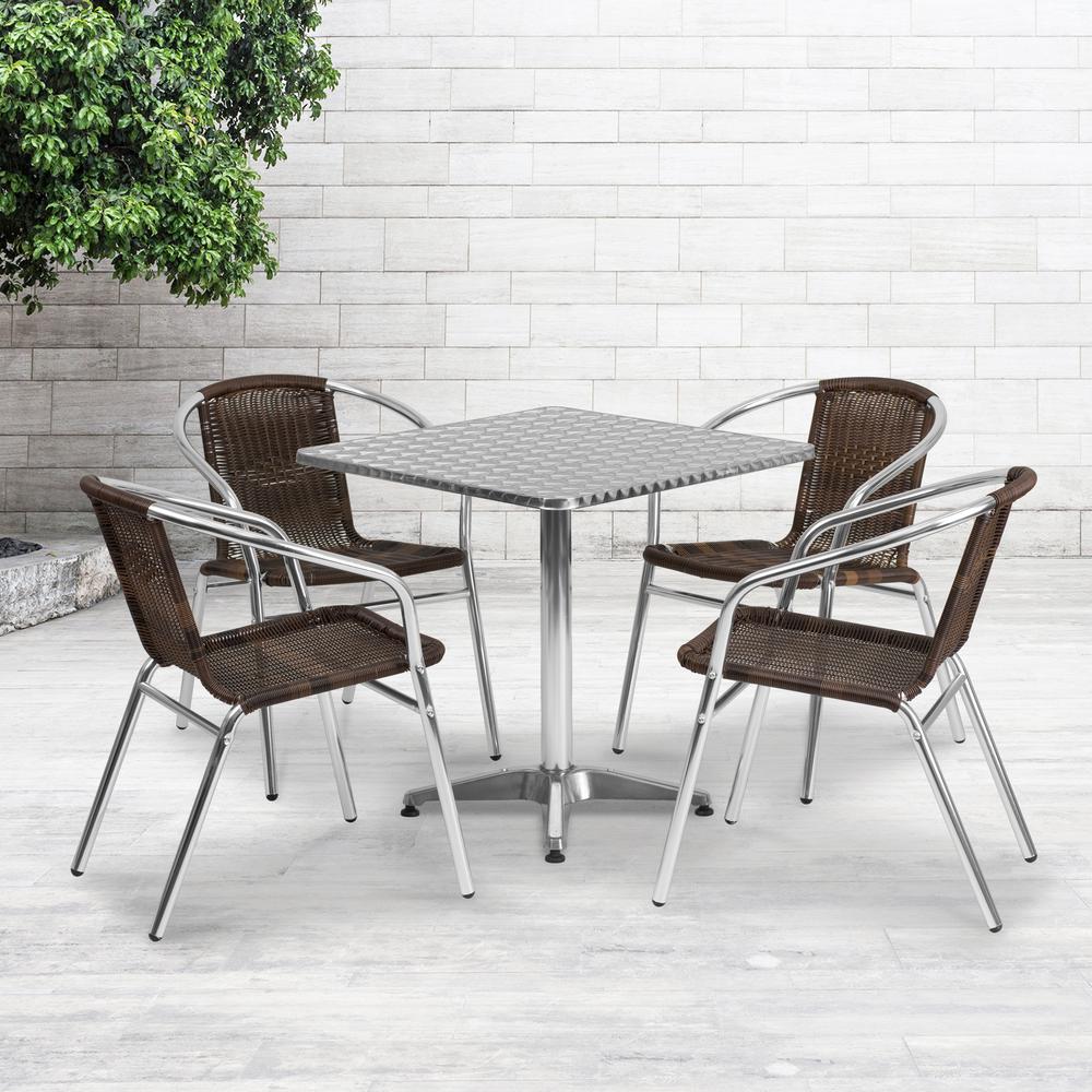 27.5'' Square Aluminum Indoor-Outdoor Table Set with 4 Dark Brown Rattan Chairs - Flash Furniture