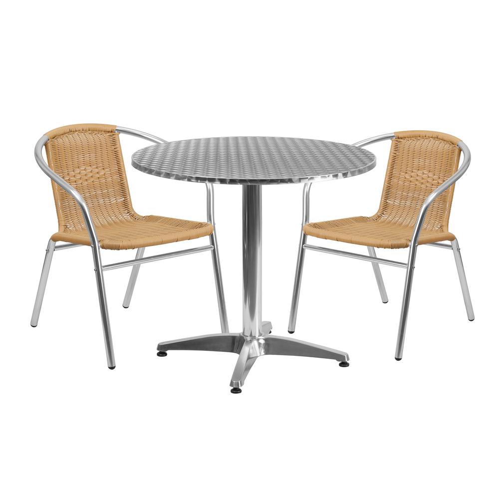 31.5'' Round Aluminum Indoor-Outdoor Table Set with 2 Beige Rattan Chairs - Flash Furniture