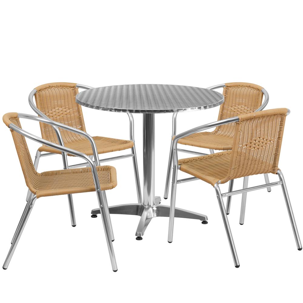 31.5'' Round Aluminum Indoor-Outdoor Table Set with 4 Beige Rattan Chairs - Flash Furniture