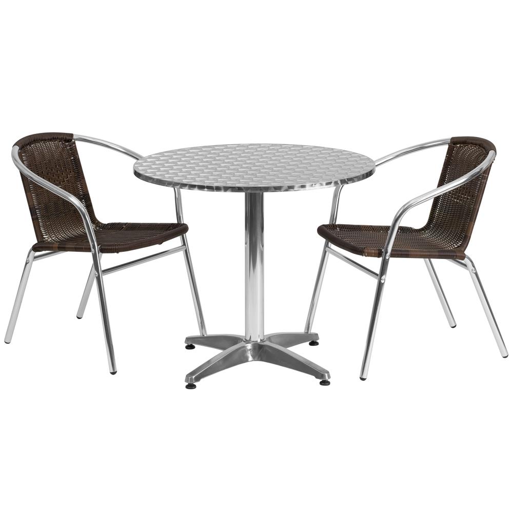 31.5'' Round Aluminum Indoor-Outdoor Table Set with 2 Dark Brown Rattan Chairs - Flash Furniture