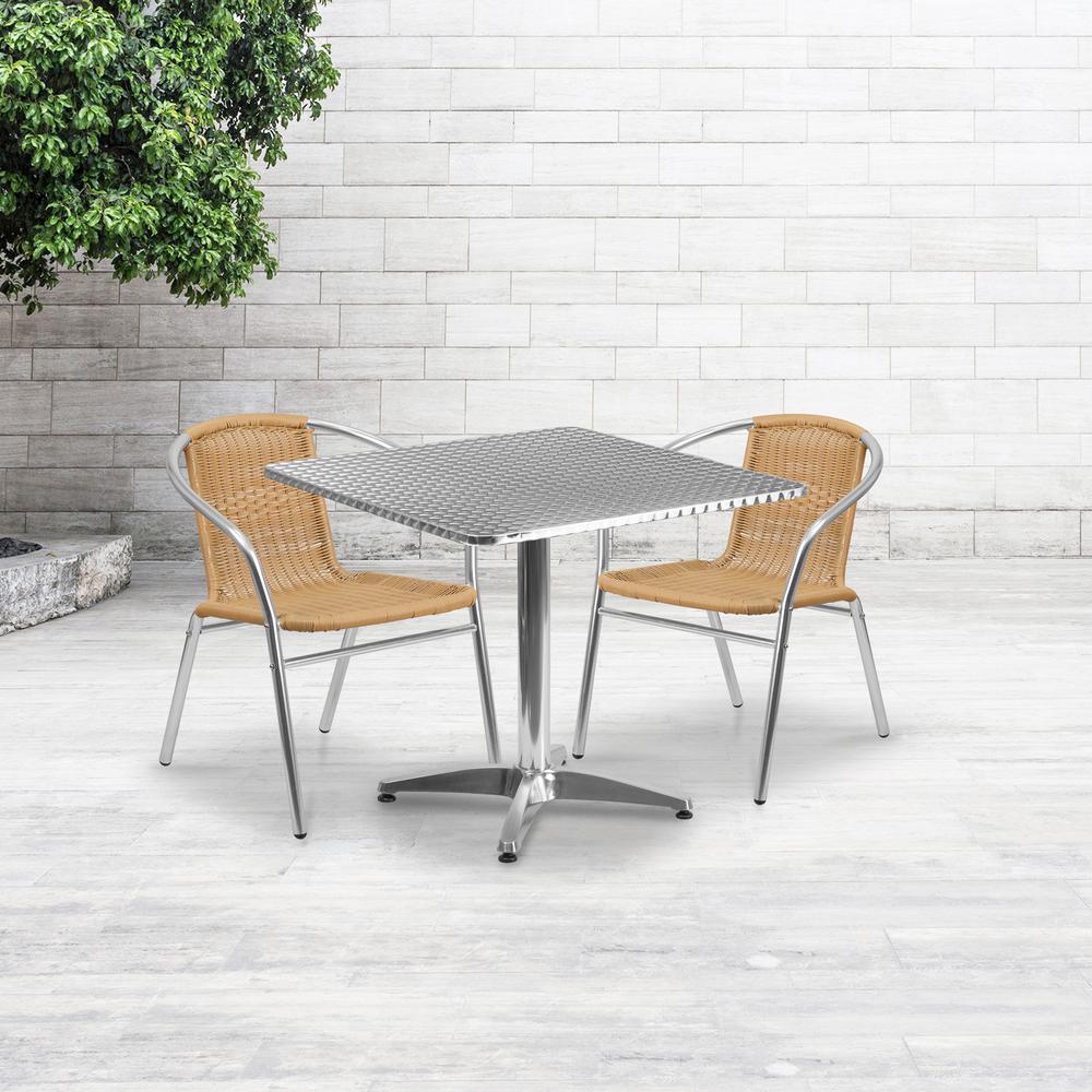 31.5'' Square Aluminum Indoor-Outdoor Table Set with 2 Beige Rattan Chairs - Flash Furniture