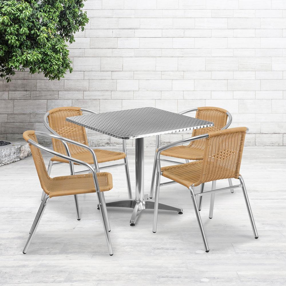 31.5'' Square Aluminum Indoor-Outdoor Table Set with 4 Beige Rattan Chairs - Flash Furniture