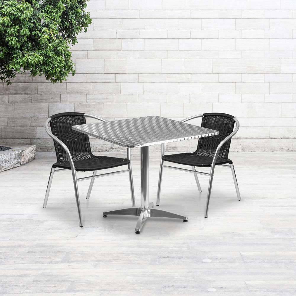 31.5'' Square Aluminum Indoor-Outdoor Table Set with 2 Black Rattan Chairs - Flash Furniture